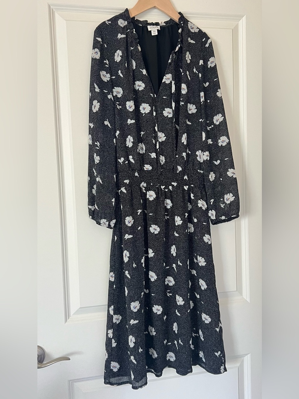 J. Crew Black and White Floral Long-Sleeve Midi Dress